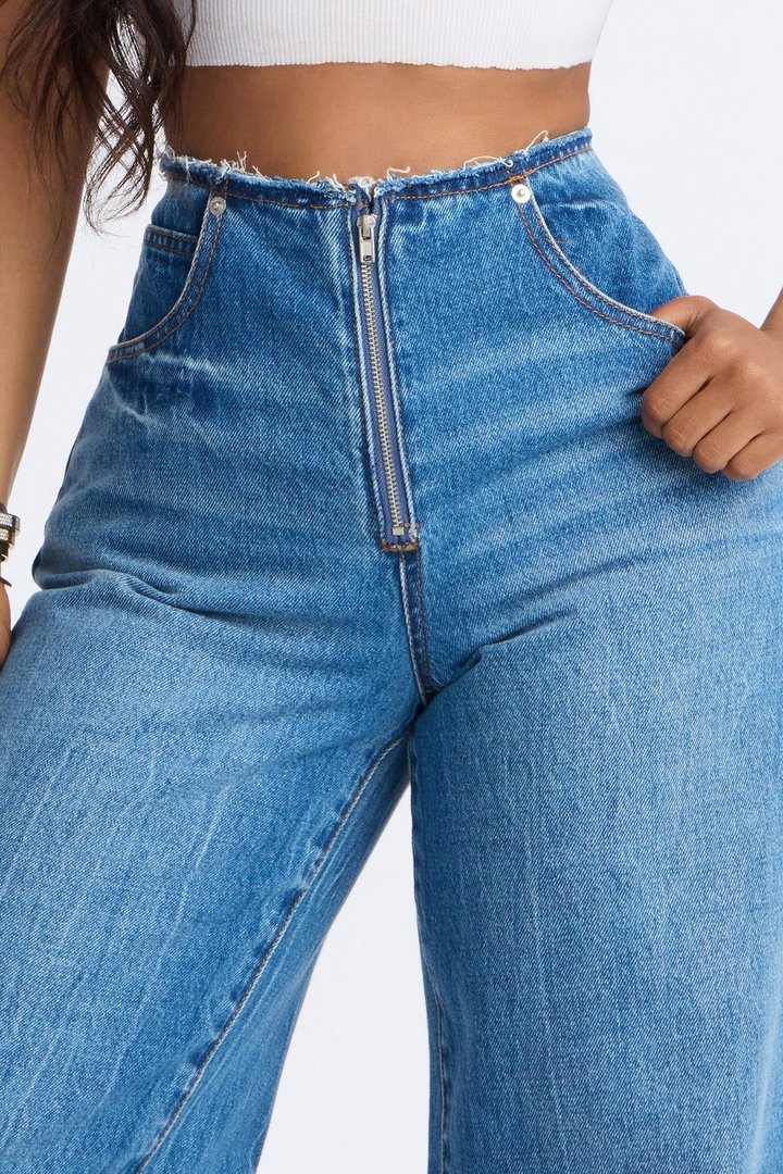 In My Dreams Cut Off Waistband Baggy Jeans - Medium Wash