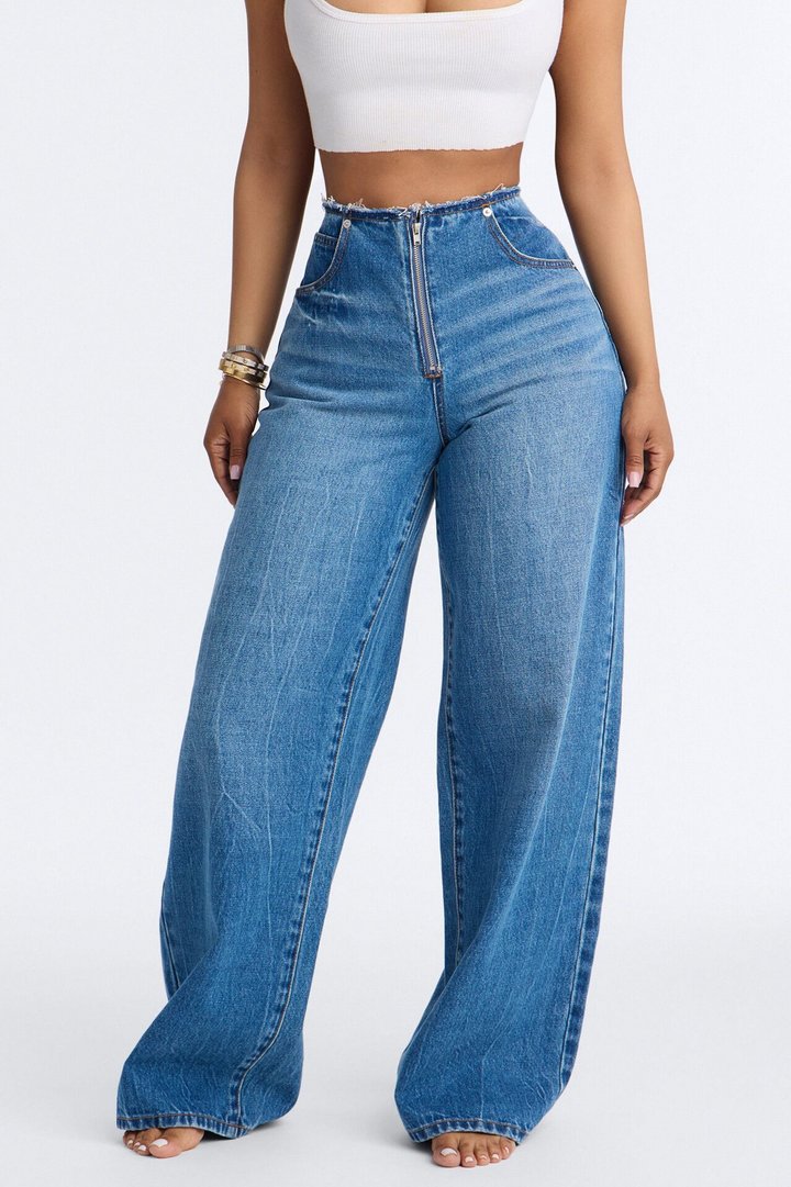 In My Dreams Cut Off Waistband Baggy Jeans - Medium Wash