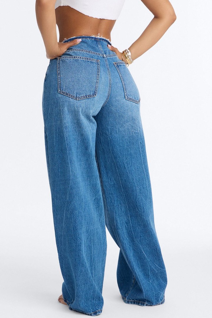 In My Dreams Cut Off Waistband Baggy Jeans - Medium Wash