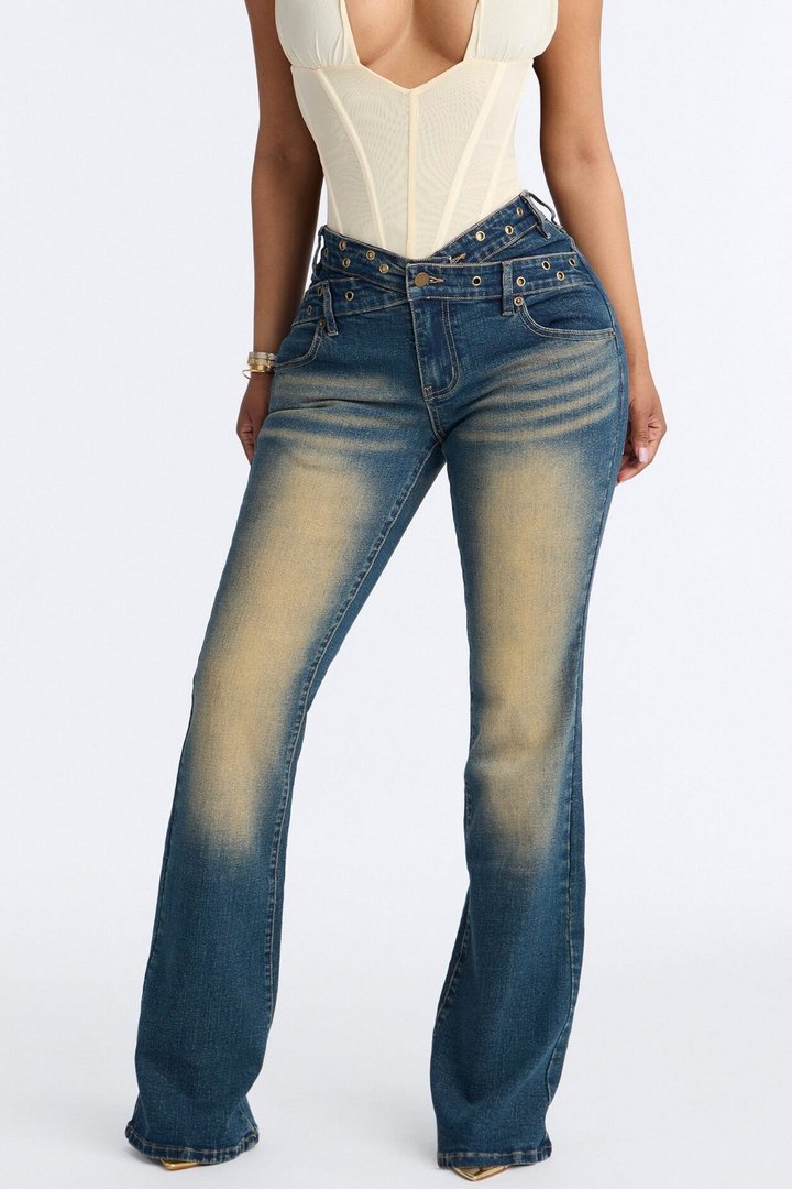 Up Until Sunrise Embroidered Dip Waist Flare Jeans - Vintage Wash
