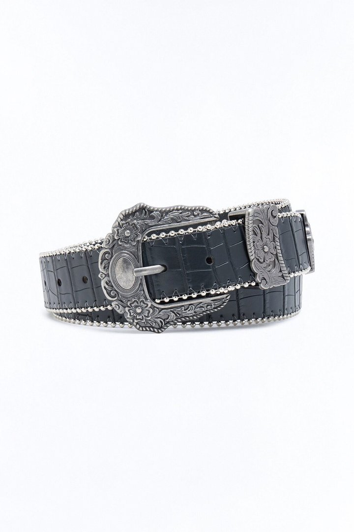 Western Embossed Croc Faux Leather Belt - Black