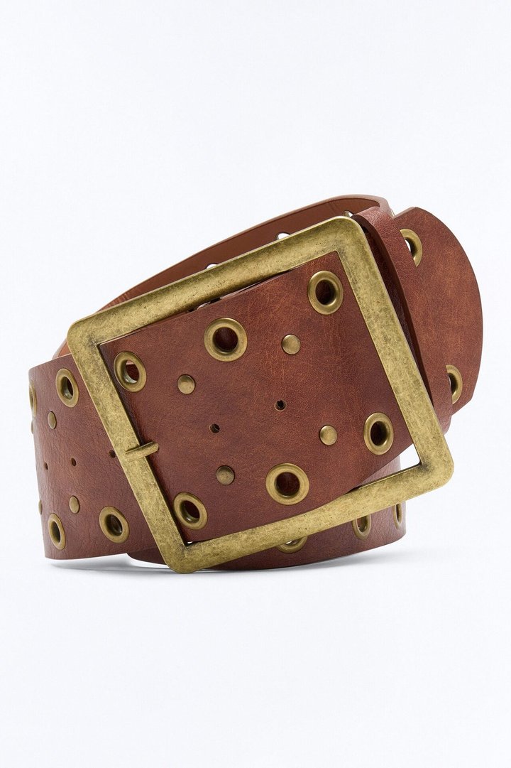 Prairie Gold Wide Faux Leather Belt - Cognac