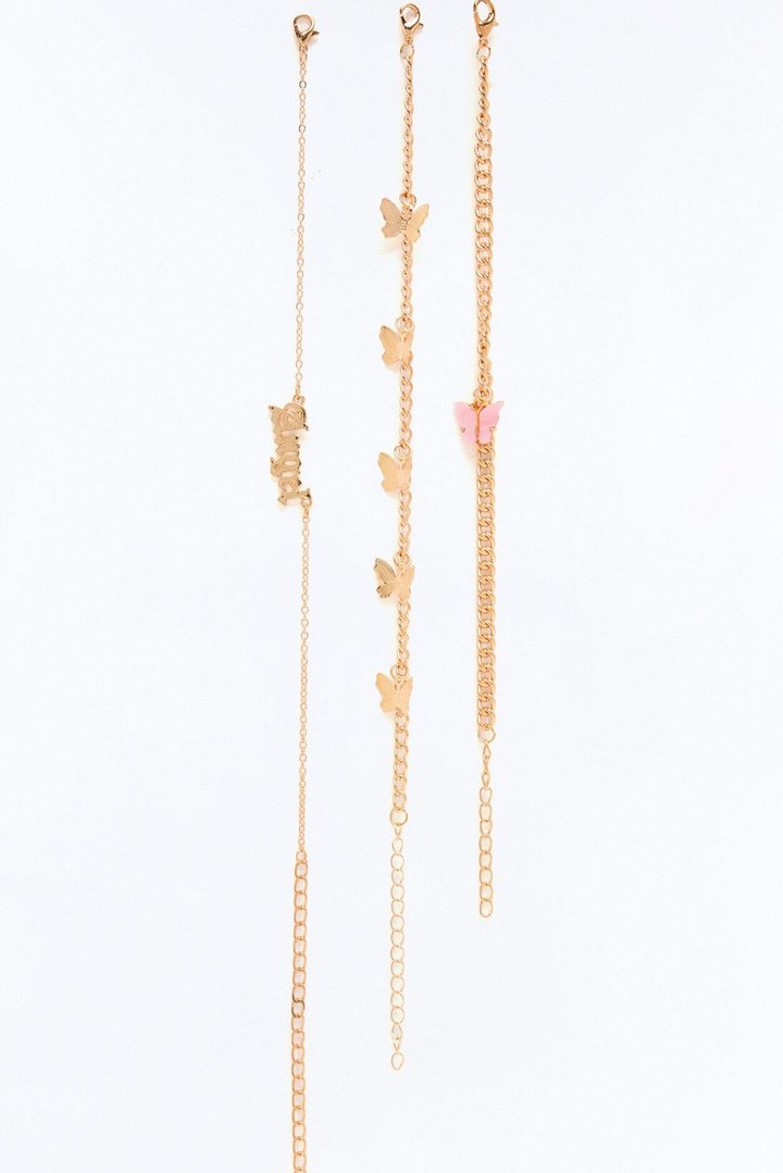 Angel Wings 3 Piece Anklet Set - Gold/Pink
