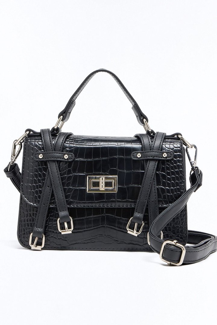Buckle Up Faux Leather Crossbody Handbag - Black