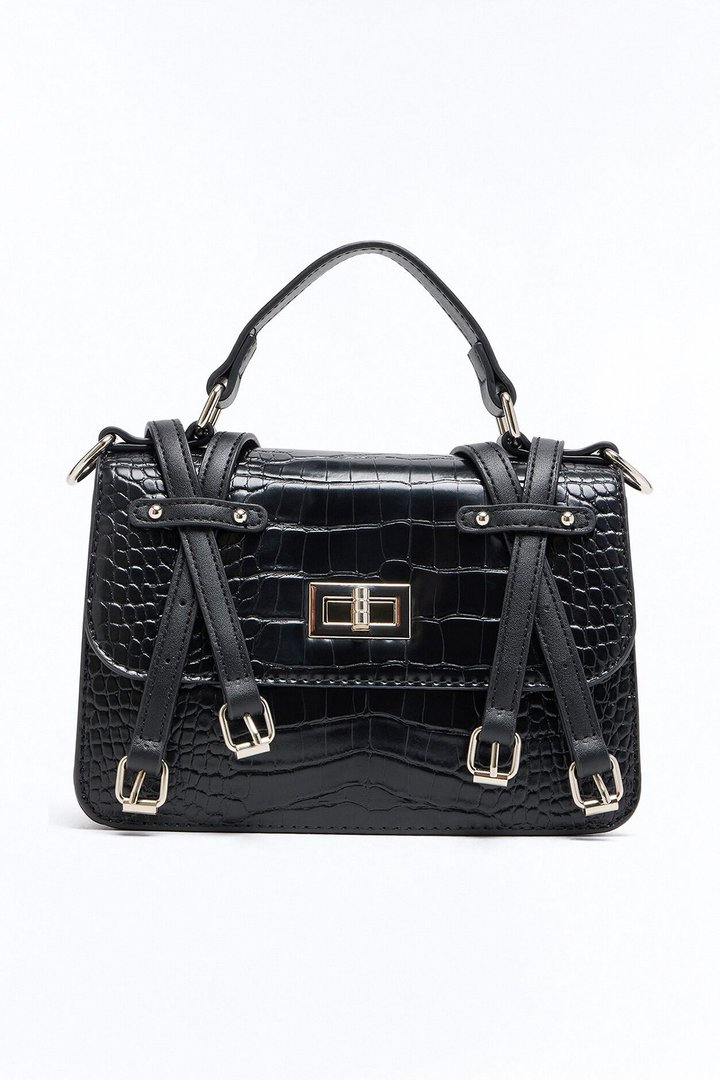 Buckle Up Faux Leather Crossbody Handbag - Black