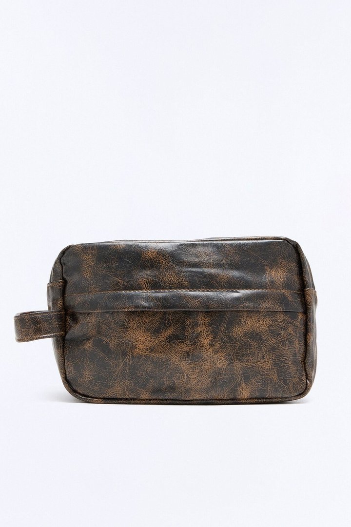Faux Leather Vintage Washed Travel Toiletry Bag - Brown