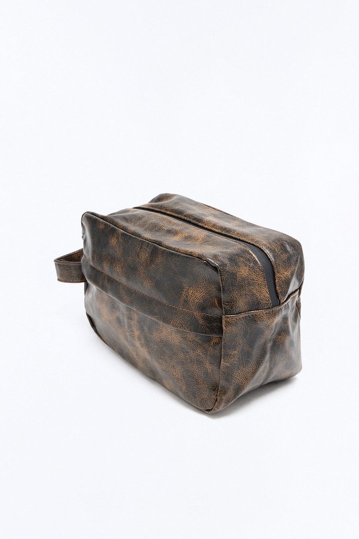 Faux Leather Vintage Washed Travel Toiletry Bag - Brown