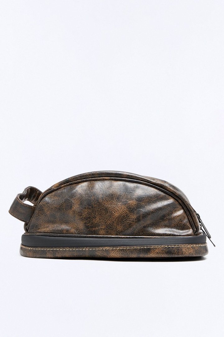 Faux Leather Washed Side Handle Travel Toiletry Bag - Brown