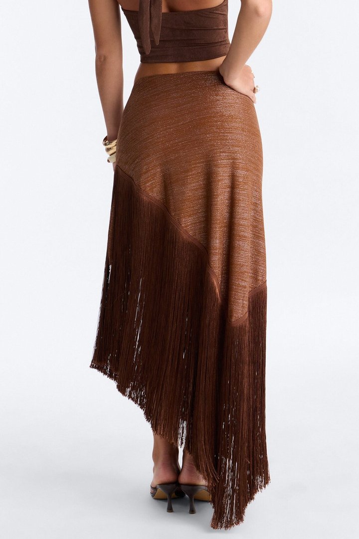 Somewhere Tropical Metallic Knit Fringe Midi Skirt - Bronze