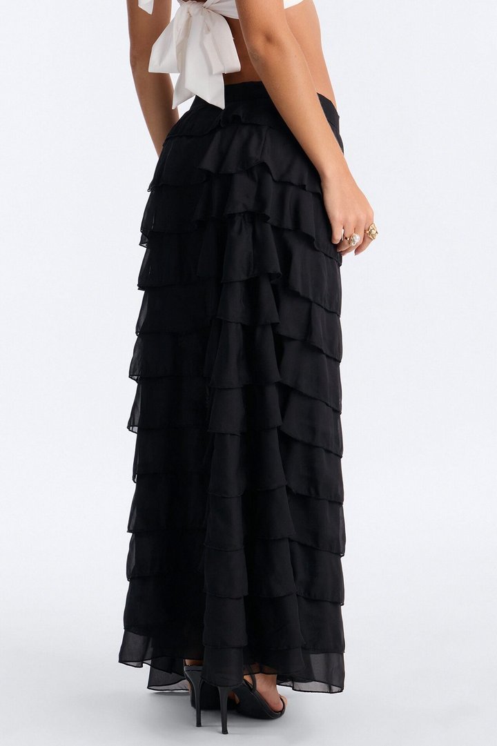 Alyssa Low Rise Tie Waist Ruffle Maxi Skirt - Black