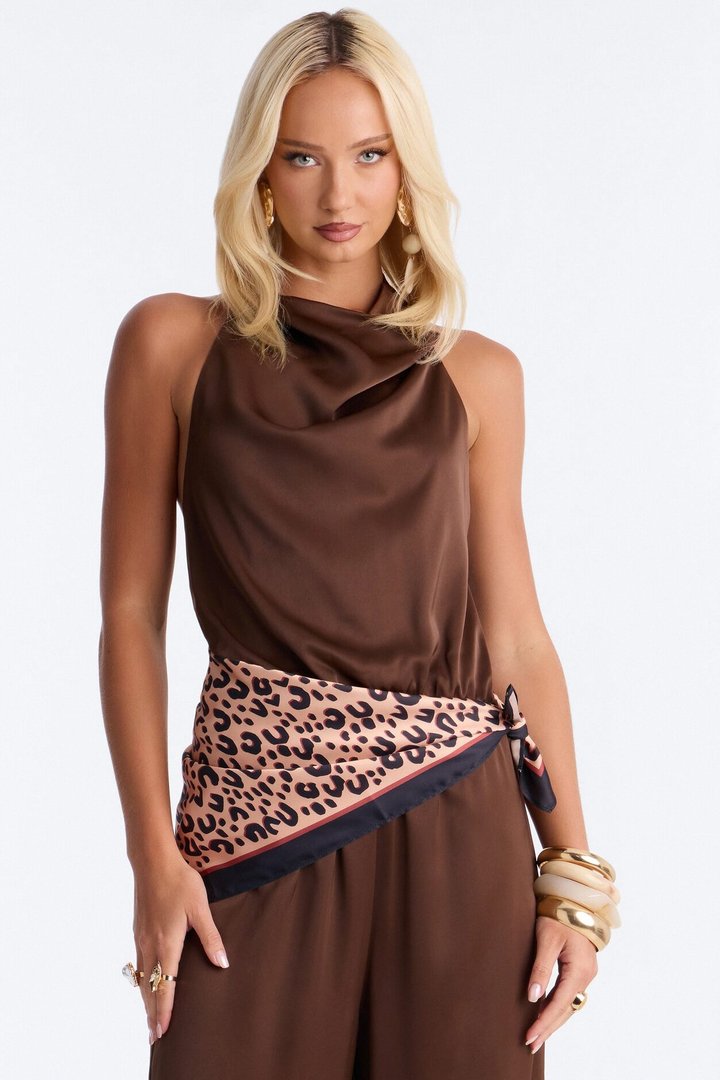 ILLIA Backless Waist Scarf Jumpsuit - Chocolate