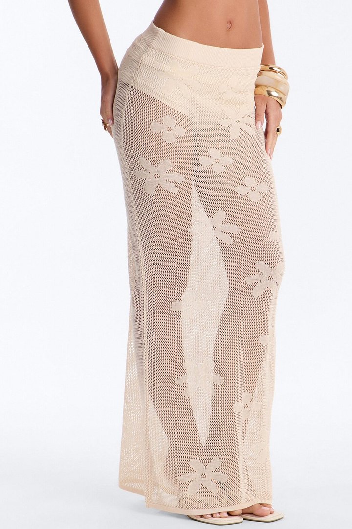 Living In Paradise Floral Embroidered Crochet Maxi Skirt - Cream