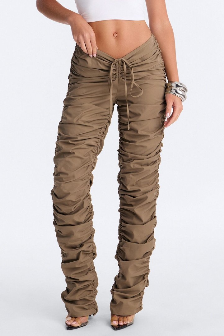 Lettie Mid Rise Ruched Skinny Pant - Taupe