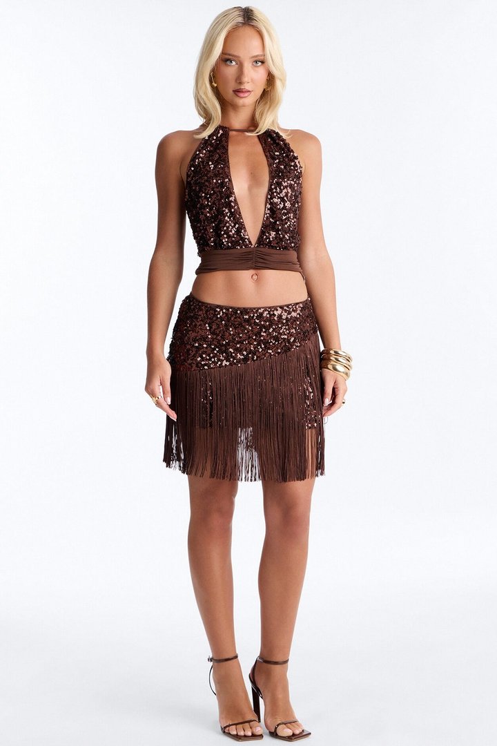 Disco Diva Fringe Sequin Mini Skirt Set - Brown