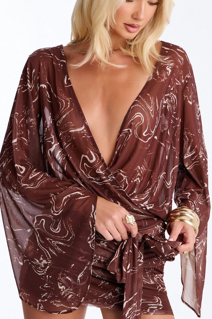 Daleyza Open Back Mesh Mini Dress - Brown/combo