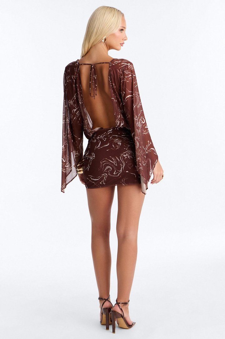 Daleyza Open Back Mesh Mini Dress - Brown/combo