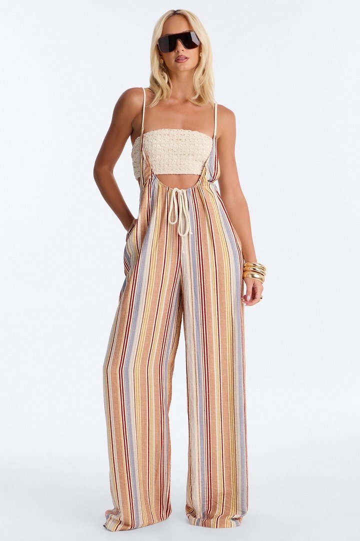 Luna Linen Wide Leg 2 Piece Jumpsuit - Cream/combo