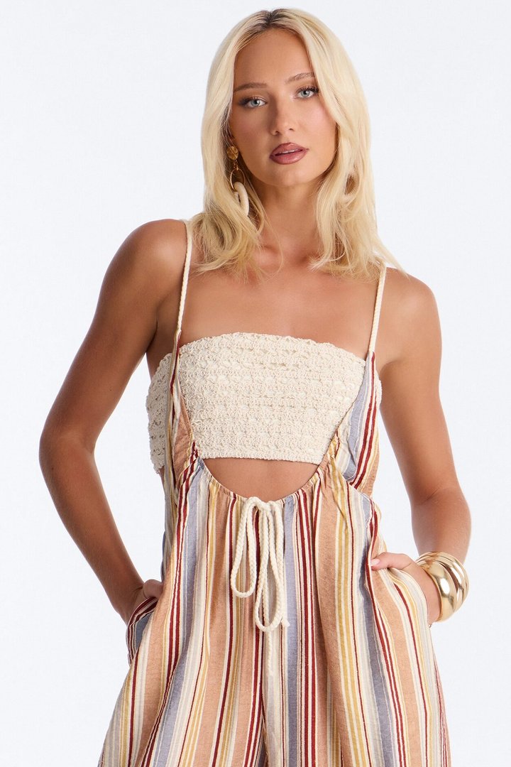Luna Linen Wide Leg 2 Piece Jumpsuit - Cream/combo