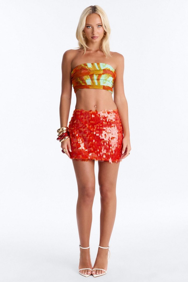 Island Skies Tie Dye Ruched Chiffon Tube Top - Orange/combo