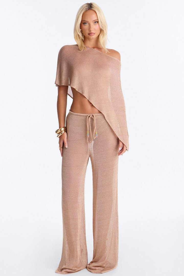 Melanie Metallic Knit 3 Piece Pant Set - Gold