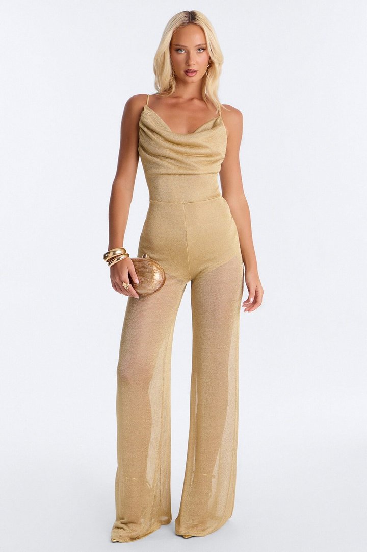 Mia Metallic Knit Wide Leg Jumpsuit - Gold