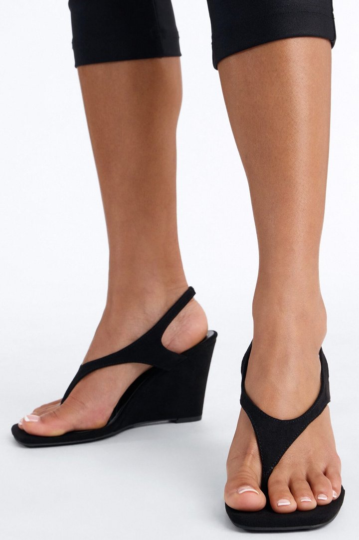 Cabley Suede Slingback Thong Wedges - Black