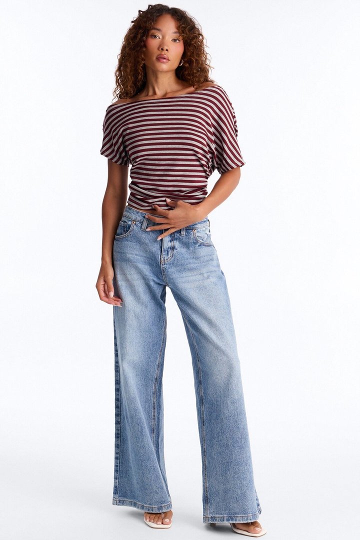 Zayna Striped Off Shoulder Short Sleeve Top - Burgundy/combo