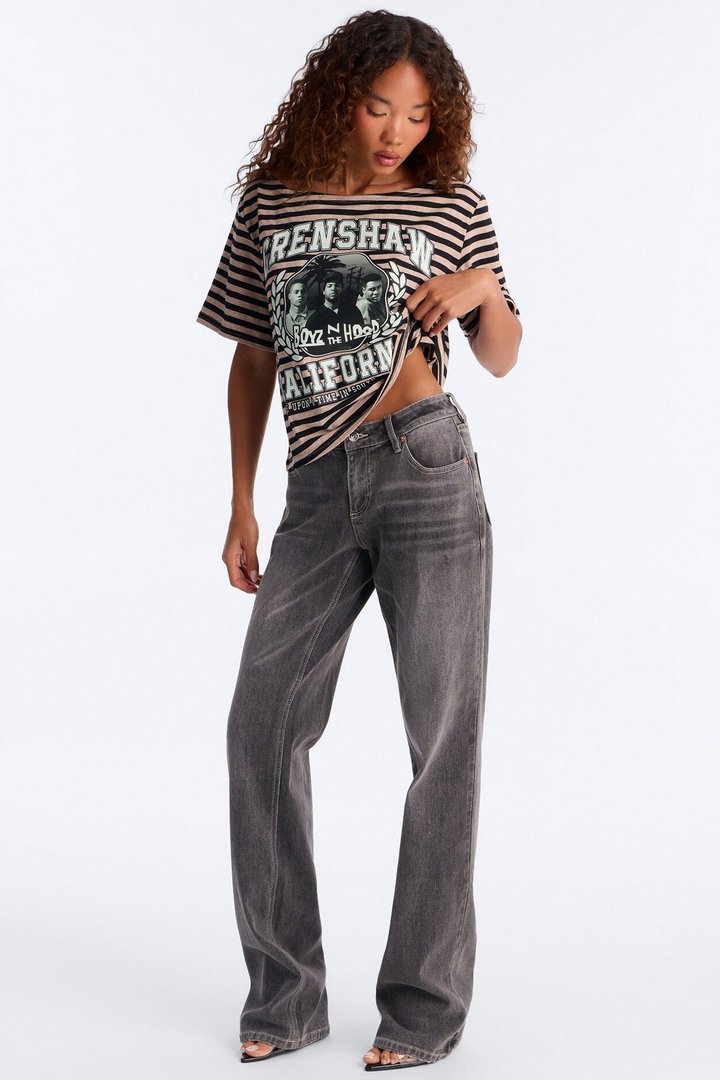 Boyz N The Hood Stripe Off Shoulder Crop Tee - Black
