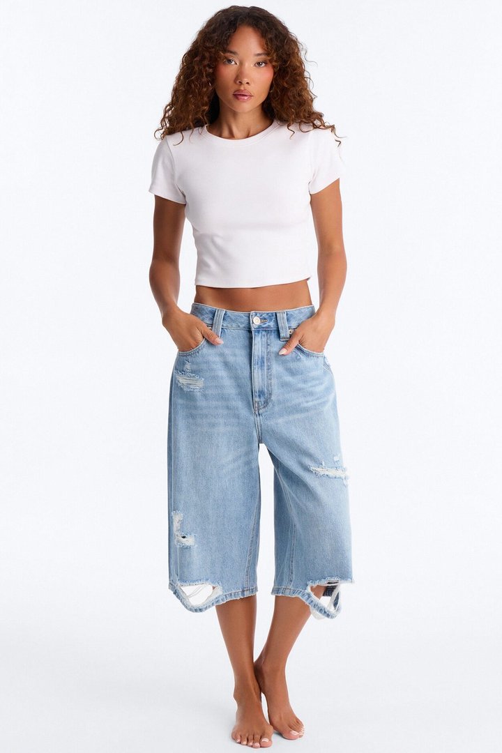 BCN Nights Ripped Culotte Jeans - Light Wash