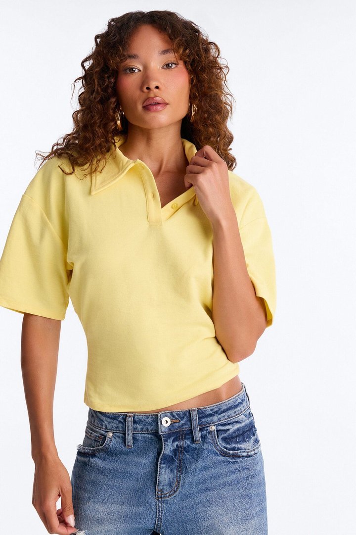 Street Serve Cinched Short Sleeve Polo Top - Butter Yellow