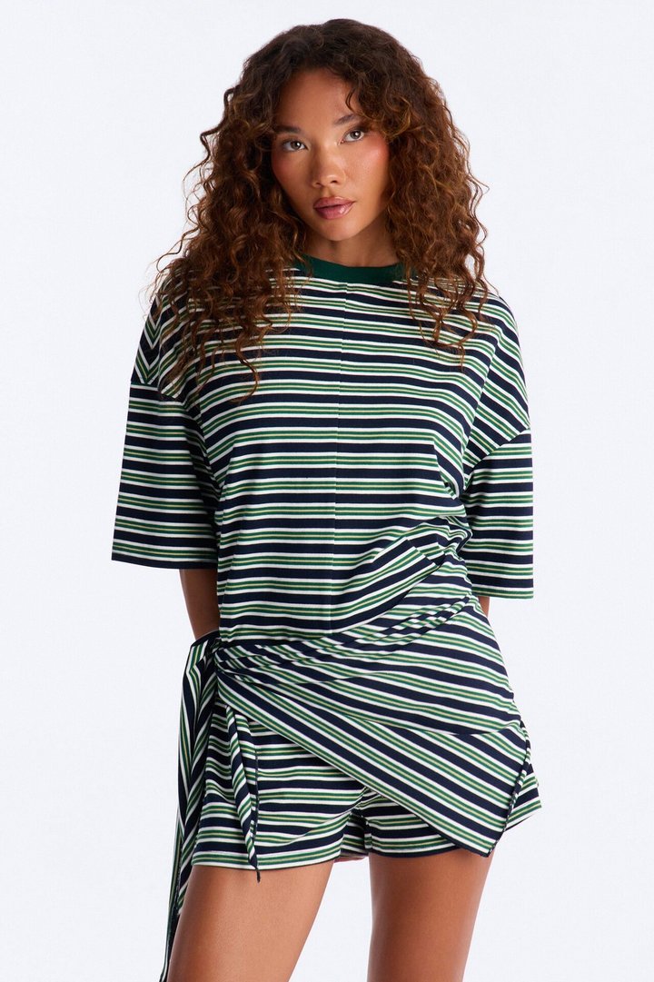 Halle Striped Waist Scarf Romper - Green