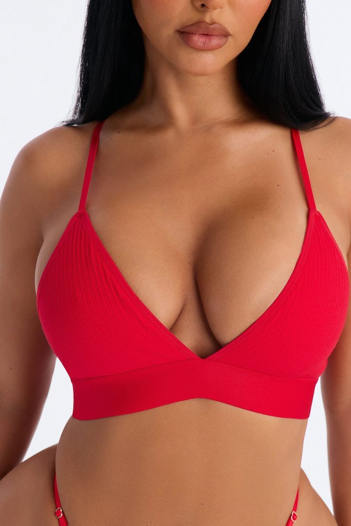 Cotton Ribbed Removable Padded Deep V Bralette - Red