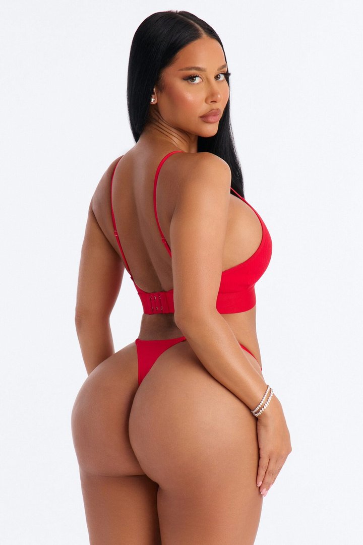 Cotton Ribbed Removable Padded Deep V Bralette - Red