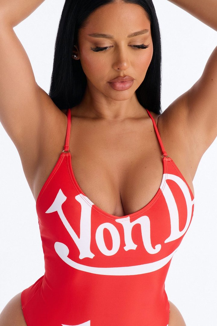 Von Dutch Logo Scoop Neck 1 Piece Swimsuit - Red/combo