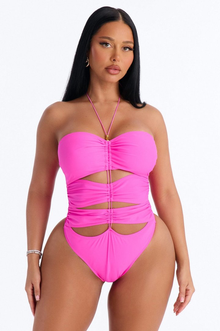 Float My Boat 1 Piece Cut Out Chain Strapless Swimsuit - Fuchsia