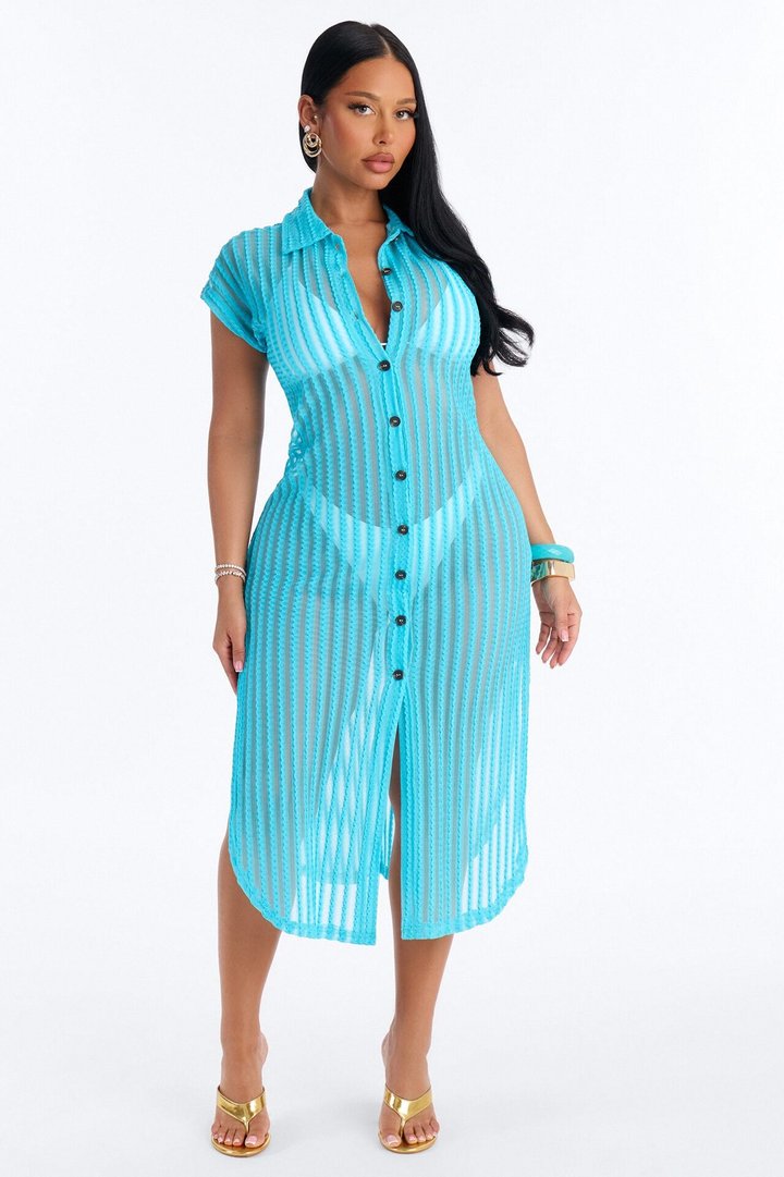 Island Breeze Mesh Midi Button Up Cover Up - Turquoise