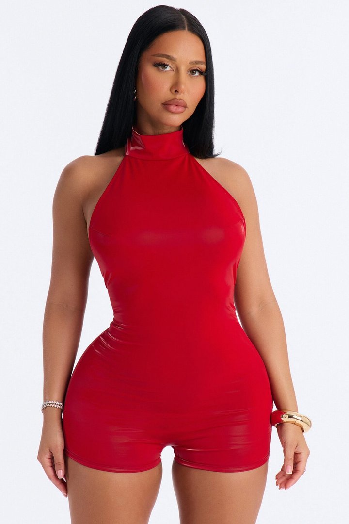 Sleek Seduction Backless Coated Romper - Red