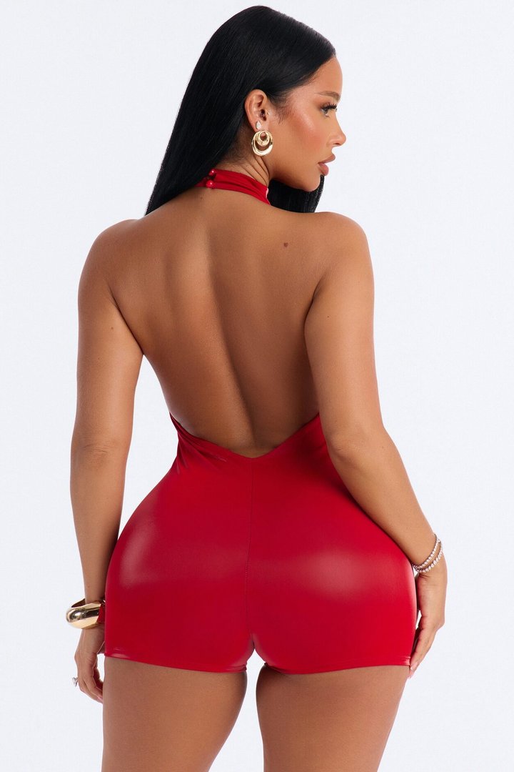 Sleek Seduction Backless Coated Romper - Red