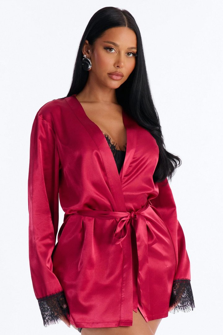 Emerie Satin Lace Trim Robe - DarkRed