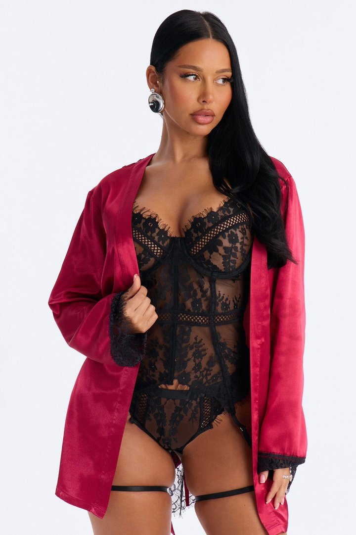 Emerie Satin Lace Trim Robe - DarkRed