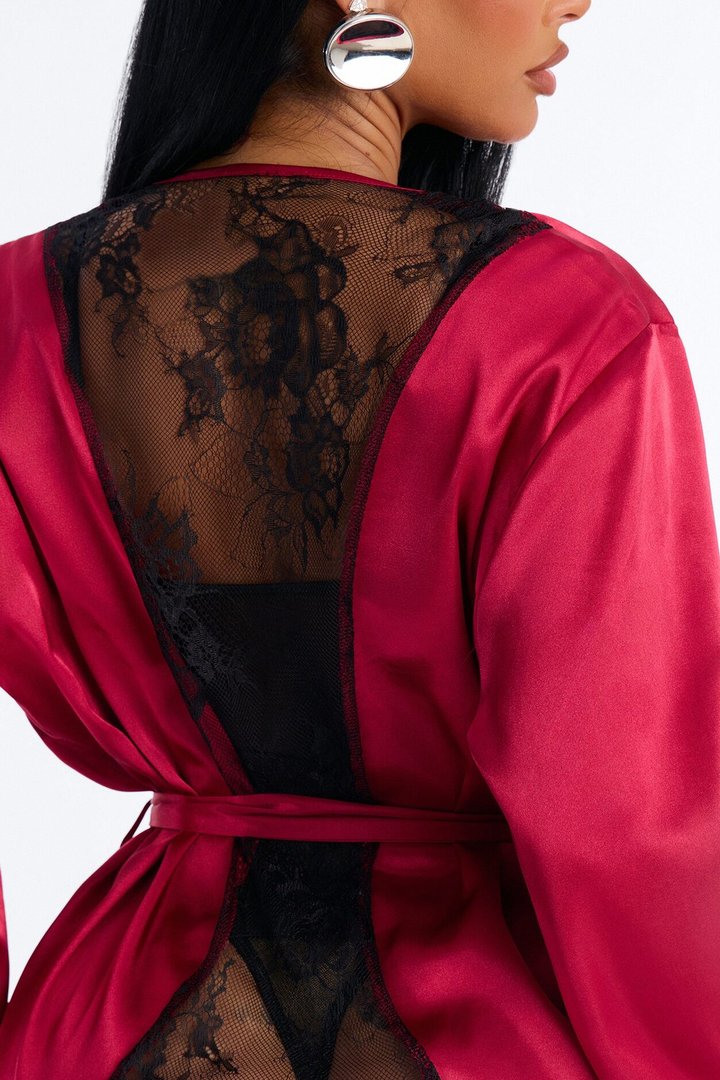 Emerie Satin Lace Trim Robe - DarkRed