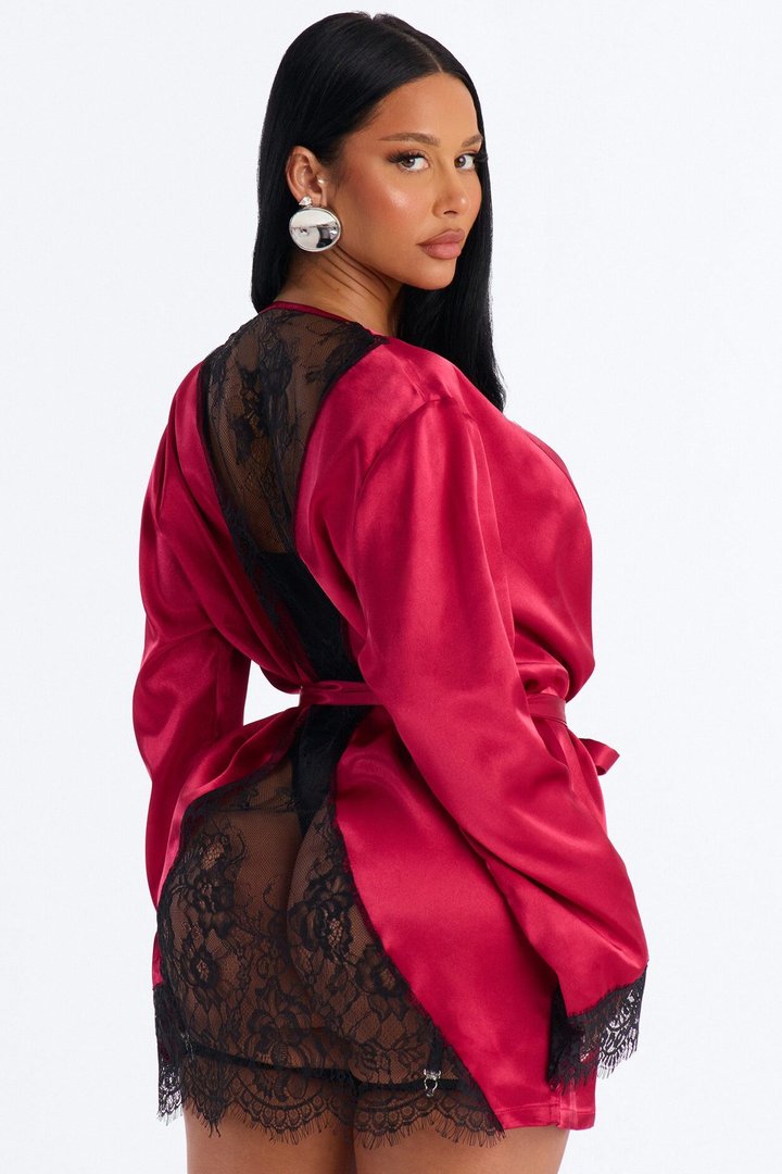 Emerie Satin Lace Trim Robe - DarkRed