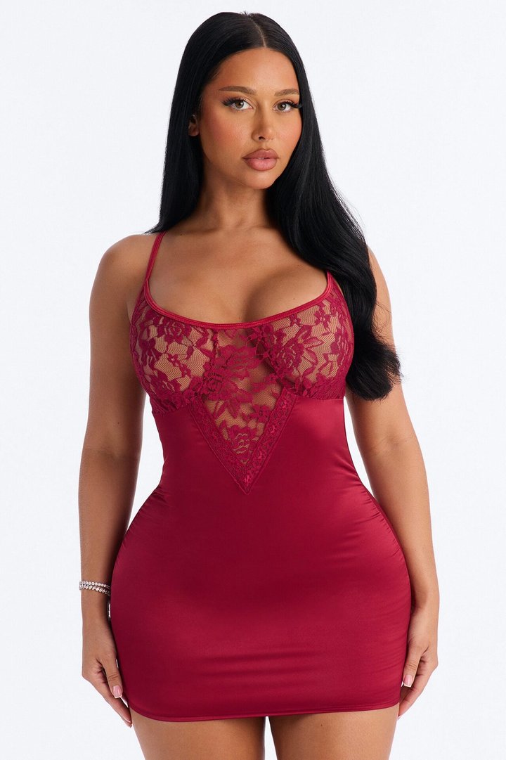 Melina Satin Lace Chemise - Wine