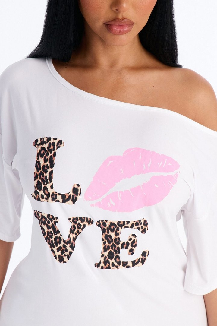 Love Love Love One Shoulder PJ Sleep Shirt - White