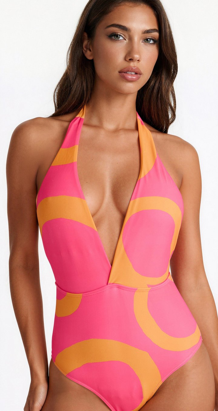 Evelina 1 Piece Geometric Halter Bikini & Sarong Set - Pink/combo