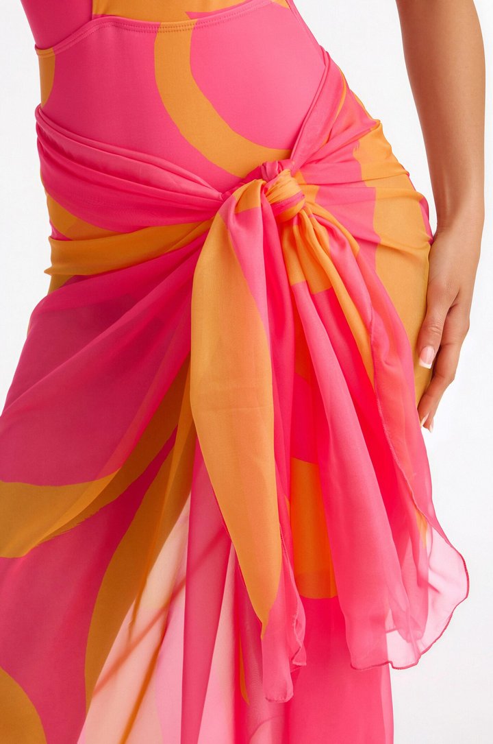 Evelina 1 Piece Geometric Halter Bikini & Sarong Set - Pink/combo