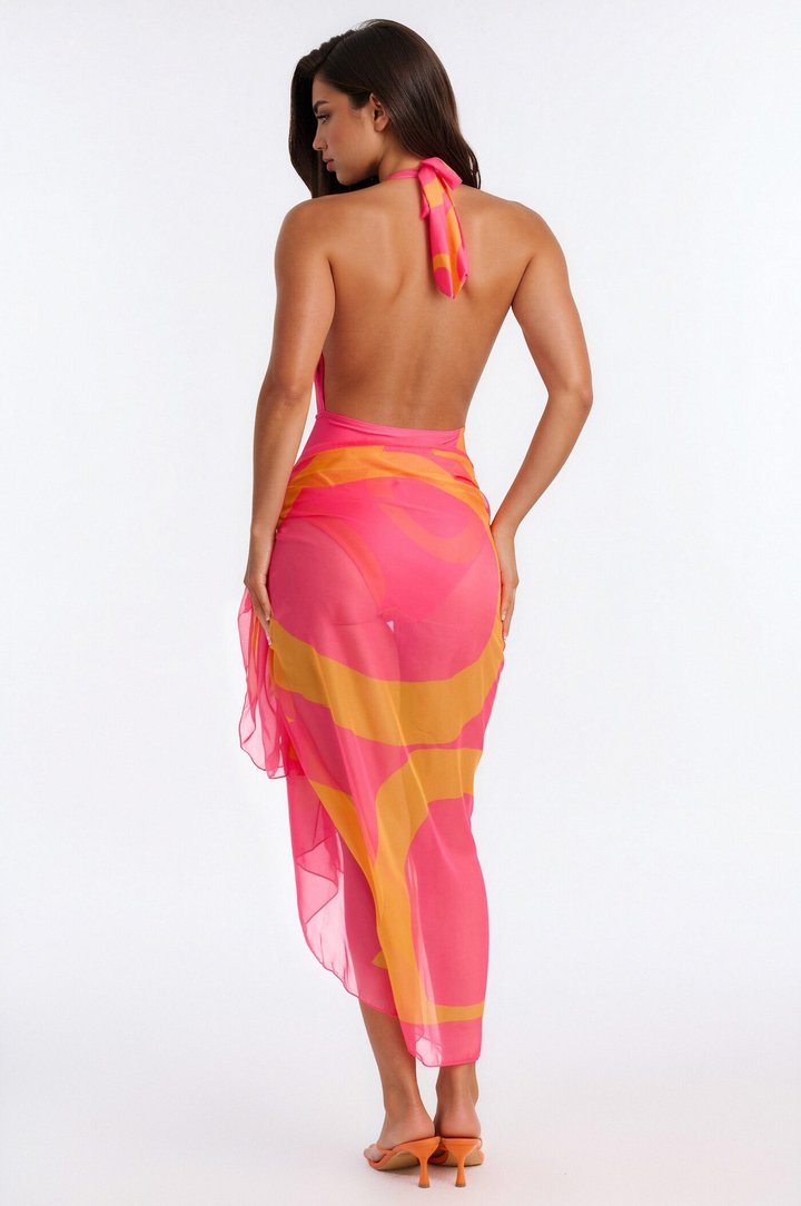 Evelina 1 Piece Geometric Halter Bikini & Sarong Set - Pink/combo