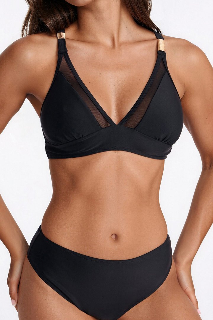 Lindsay Mesh 3 Piece Triangle Bikini & Mini Cover Up Skirt Sunsuit - Black