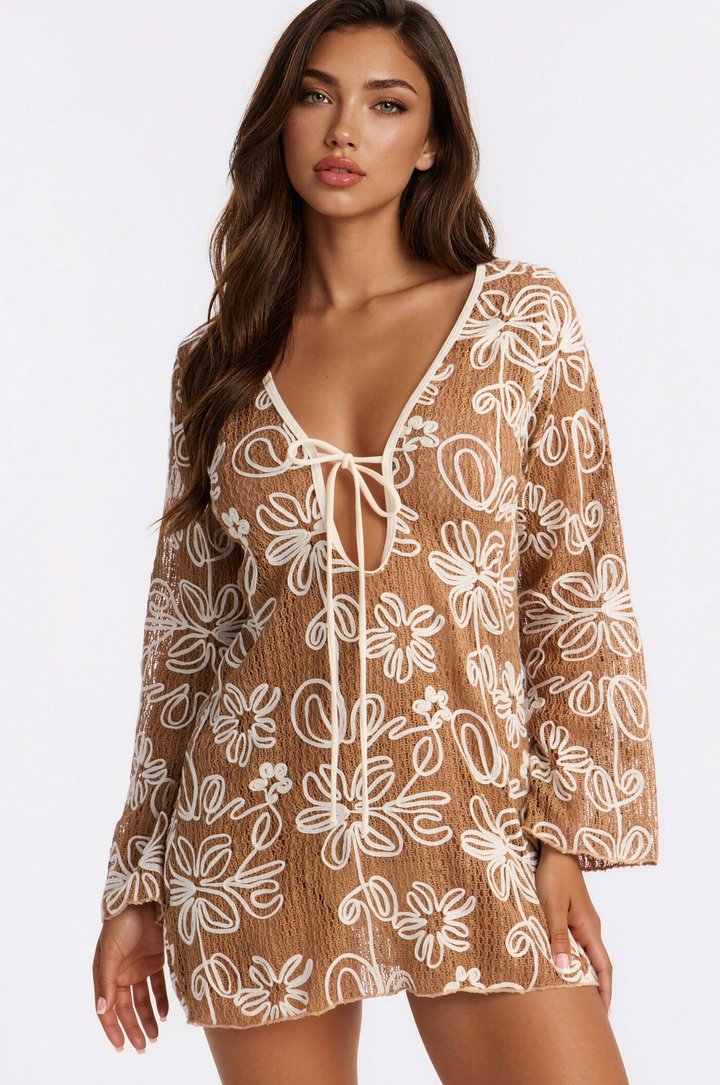 Cabana Vibes Floral Cover Up Crochet Dress - Tan