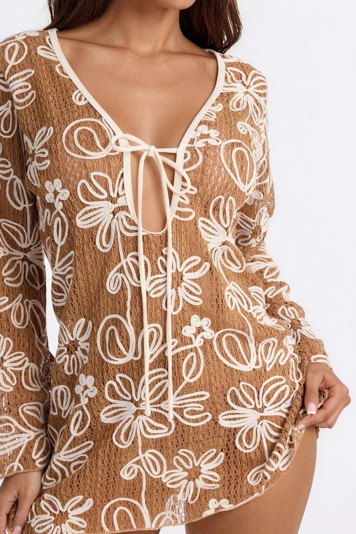 Cabana Vibes Floral Cover Up Crochet Dress - Tan